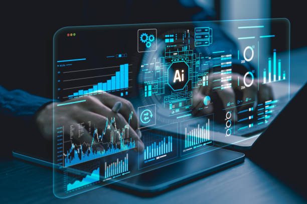 Analysts monitoring a managed AI control room as robotic assembly lines and live model dashboards run on the wall displays