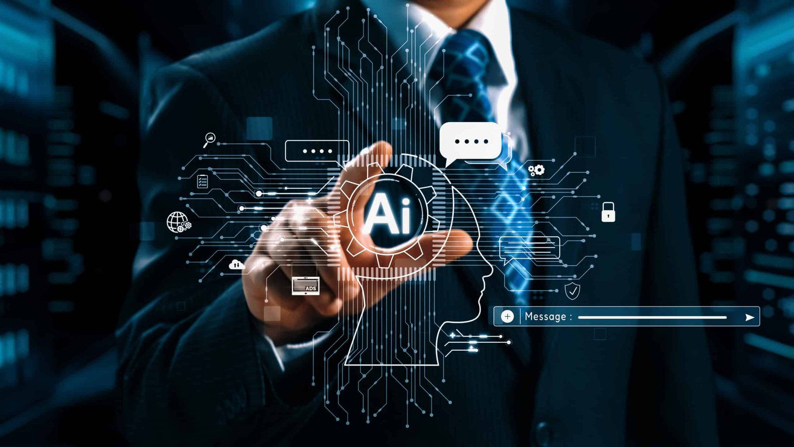 Executive touching an AI automation node wired into a branching digital workflow diagram