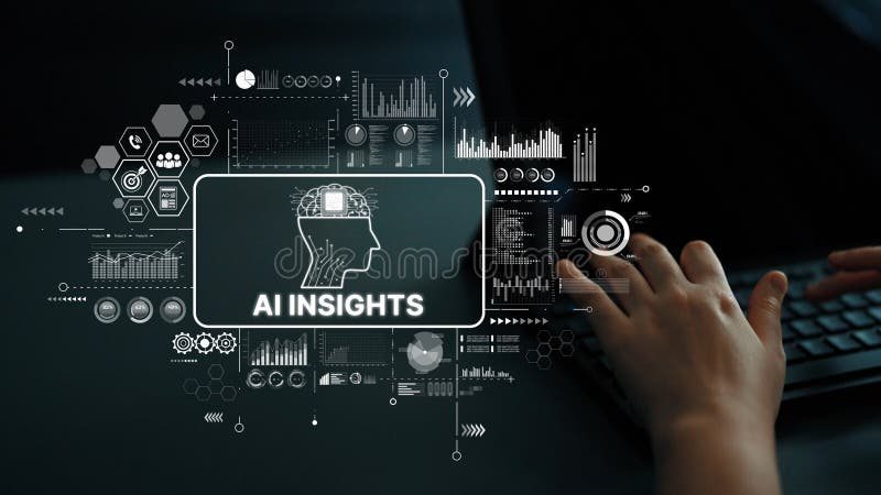 Developer typing while an AI circuit hub connects cloud, analytics and data service icons