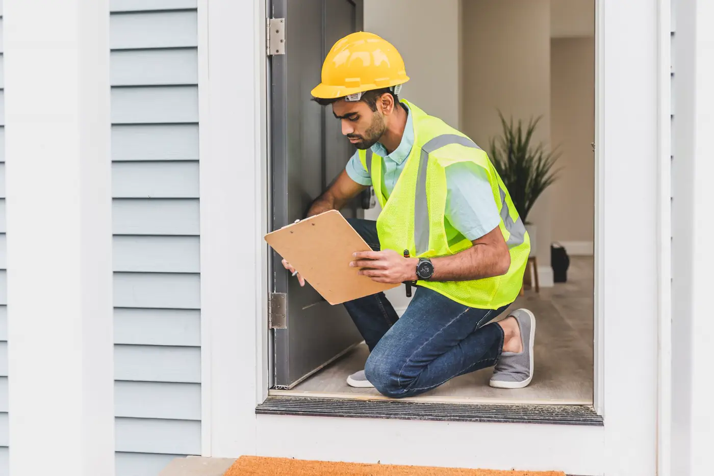 An assessor inspecting property damage on site