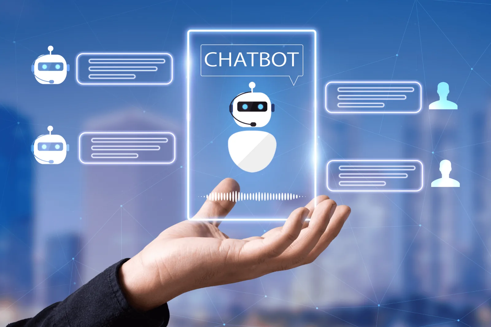 Open hand holding a glowing chatbot panel with bot avatars and chat bubbles floating around it