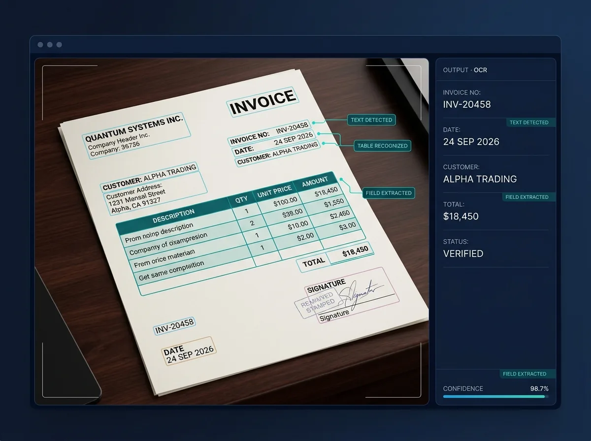 Scanned document being read line by line into structured fields