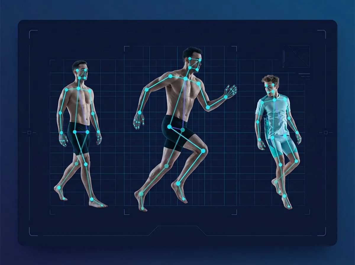 Person tracked by a camera while joint keypoints map their posture