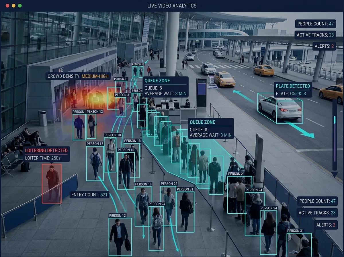 Video wall reviewing movement and behaviour across multiple camera feeds