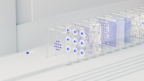 Illustration of a layered neural network pipeline rendered as translucent panels
