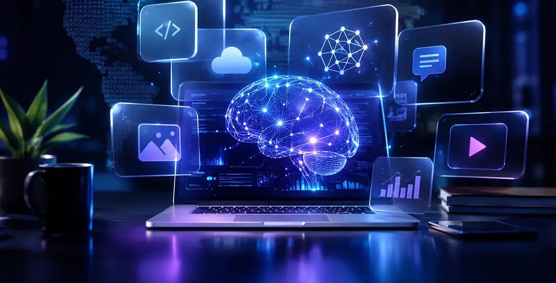 Glowing neural-network brain above a laptop, radiating code, image, chat, cloud and video panels