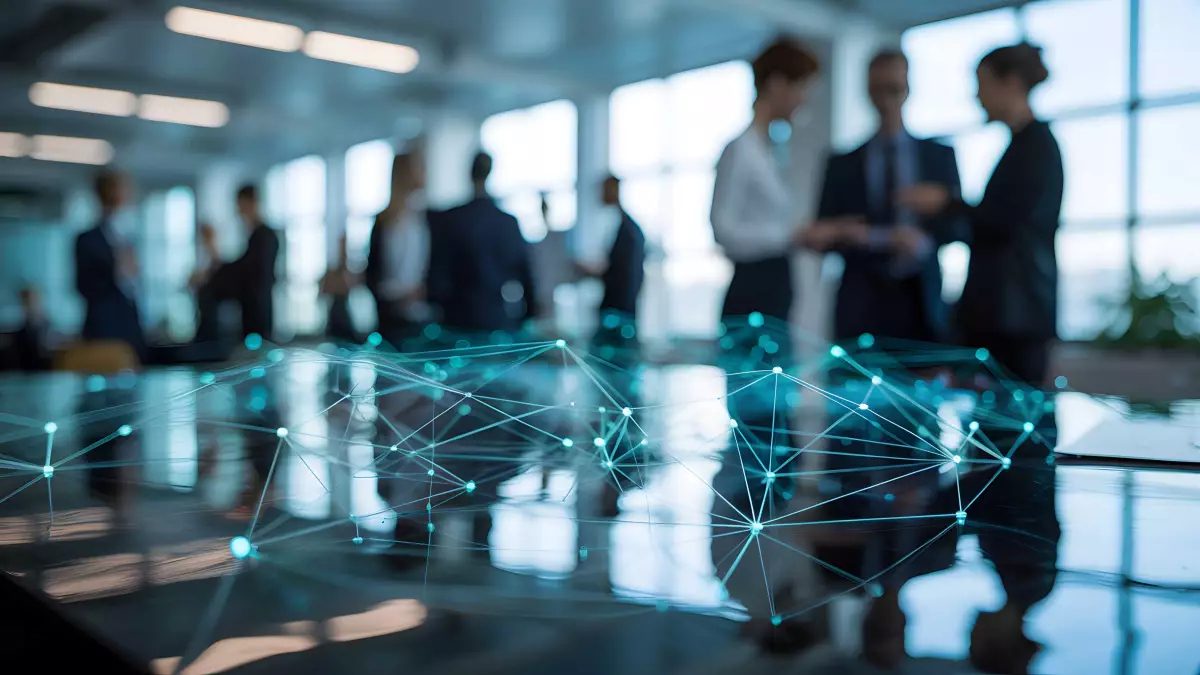 Connected data network projected across a boardroom table while a leadership team meets