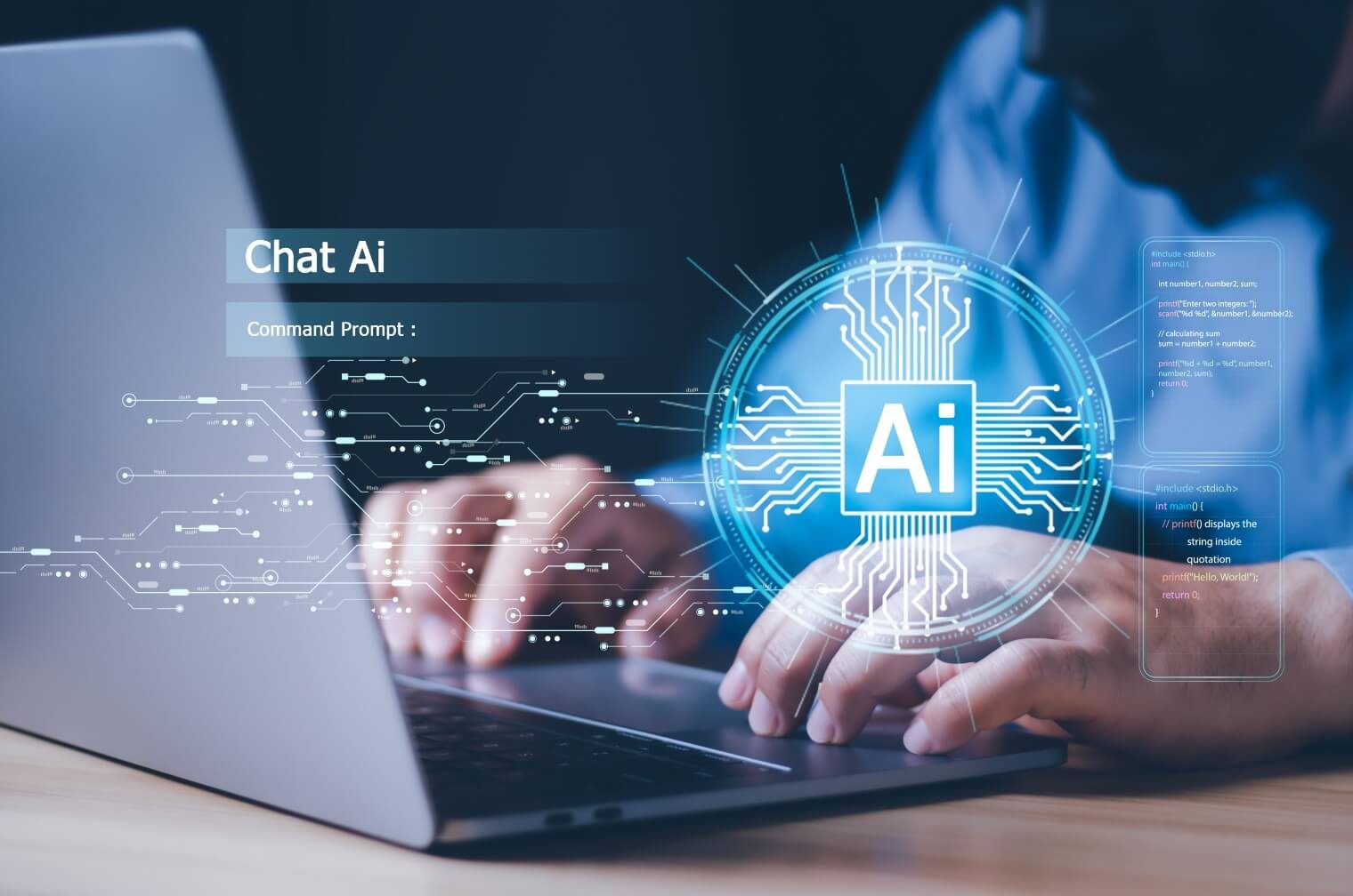 Developer typing at a laptop showing a Chat AI command prompt beside a glowing AI chip
