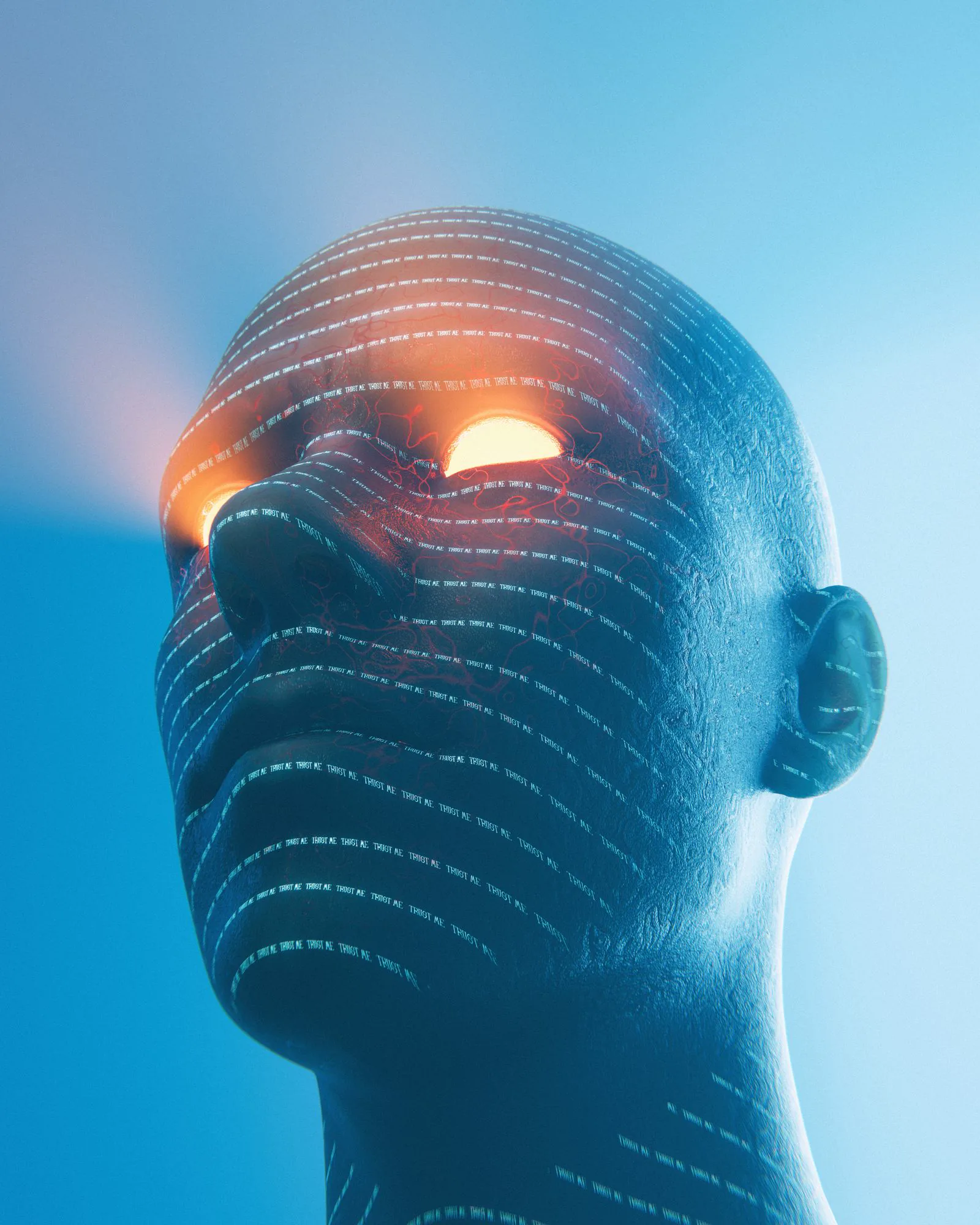 Wireframe portrait with a glowing facial landmark mesh mapped over it