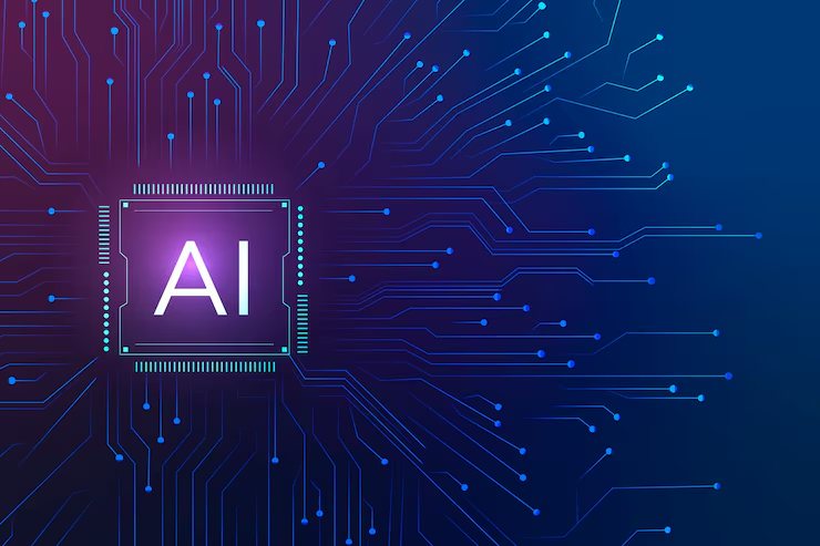 Glowing AI chip at the centre of a circuit board