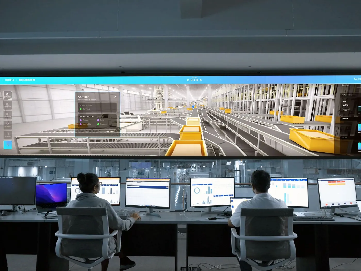 Two operators at a transit control-room desk facing a wall of live network displays