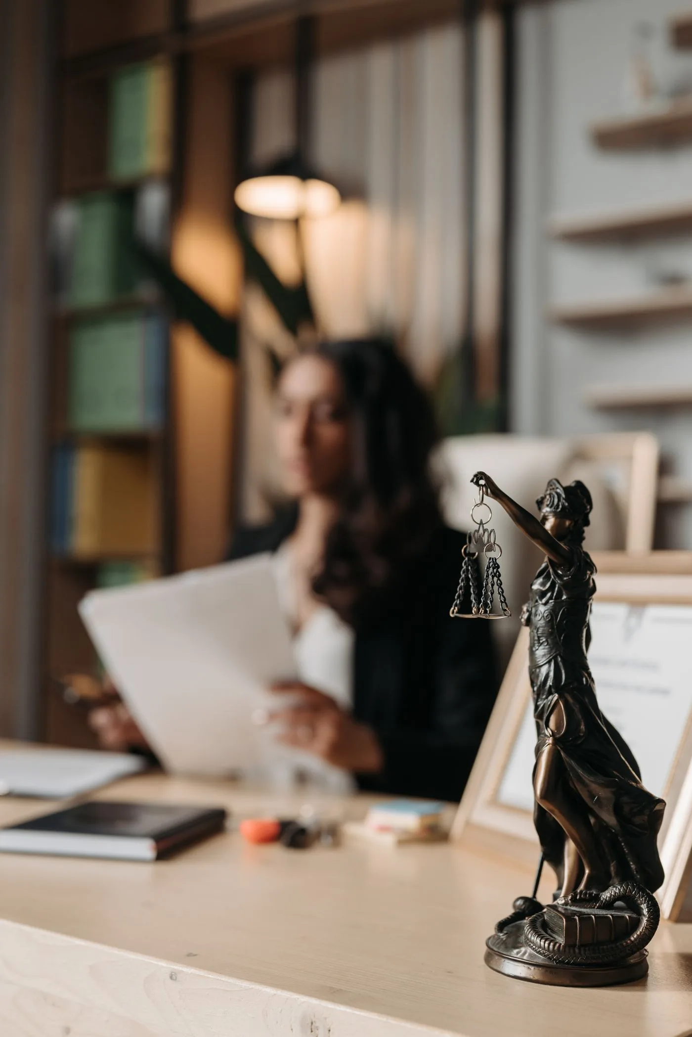 A Lady Justice figurine on a desk in a law office
