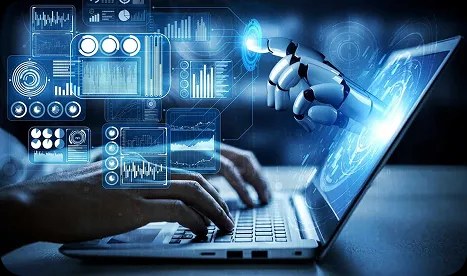 Robotic hand reaching into a laptop screen surrounded by live charts and analytics panels