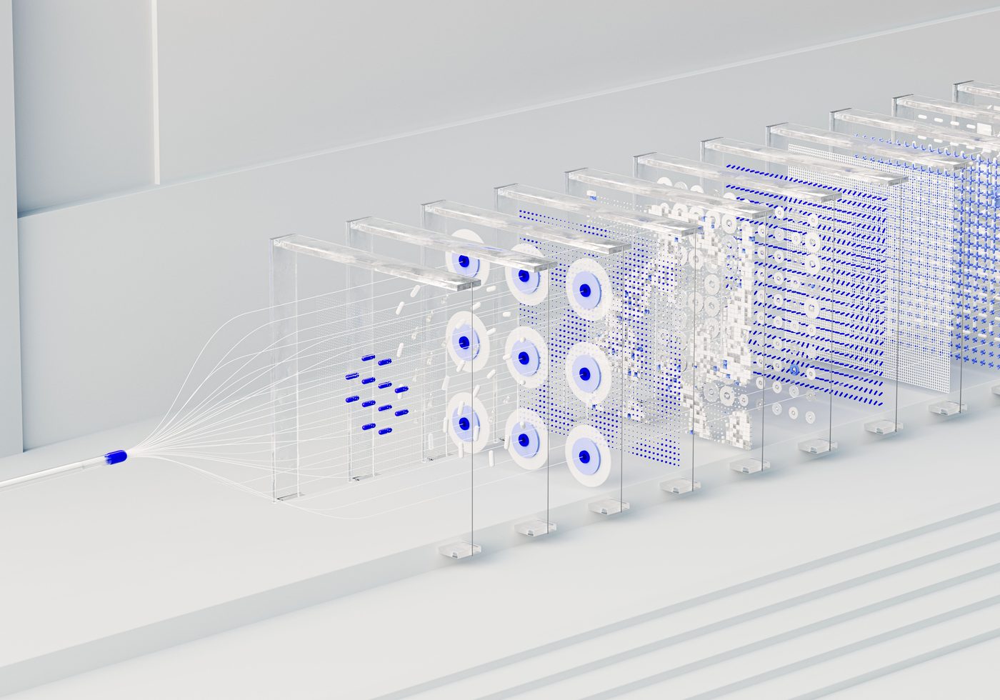 Rendered rows of server panels linked by data pathways