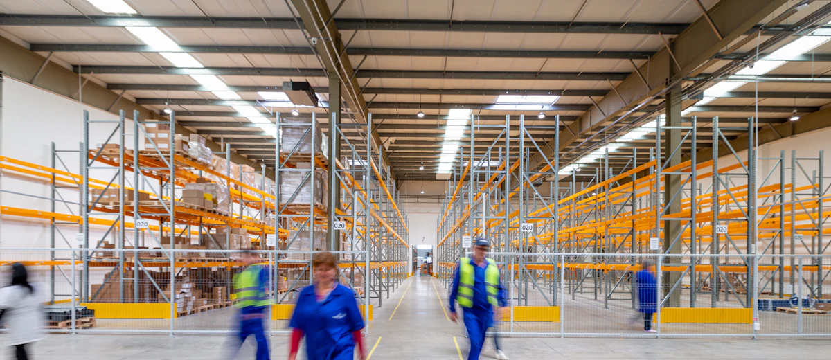 Operations staff moving through a warehouse that AI keeps in sync