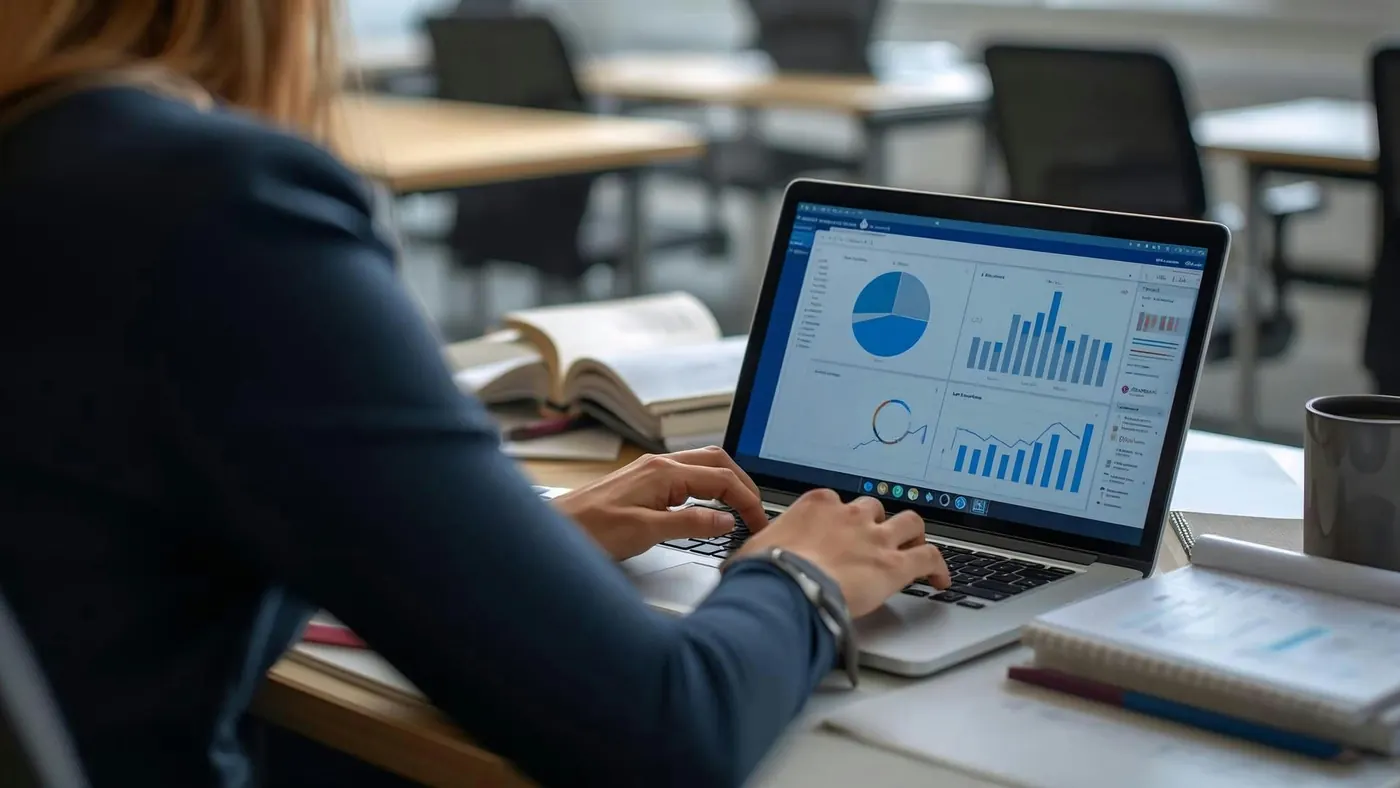 A person at a desk reviewing charts and graphs on a laptop