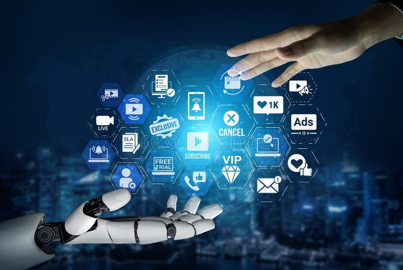 Robotic hand and human hand meeting over a board of automated task icons above a night skyline