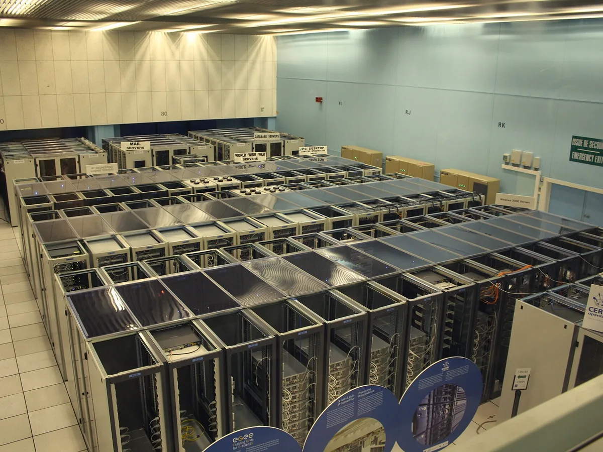 Racks of servers in a data centre aisle