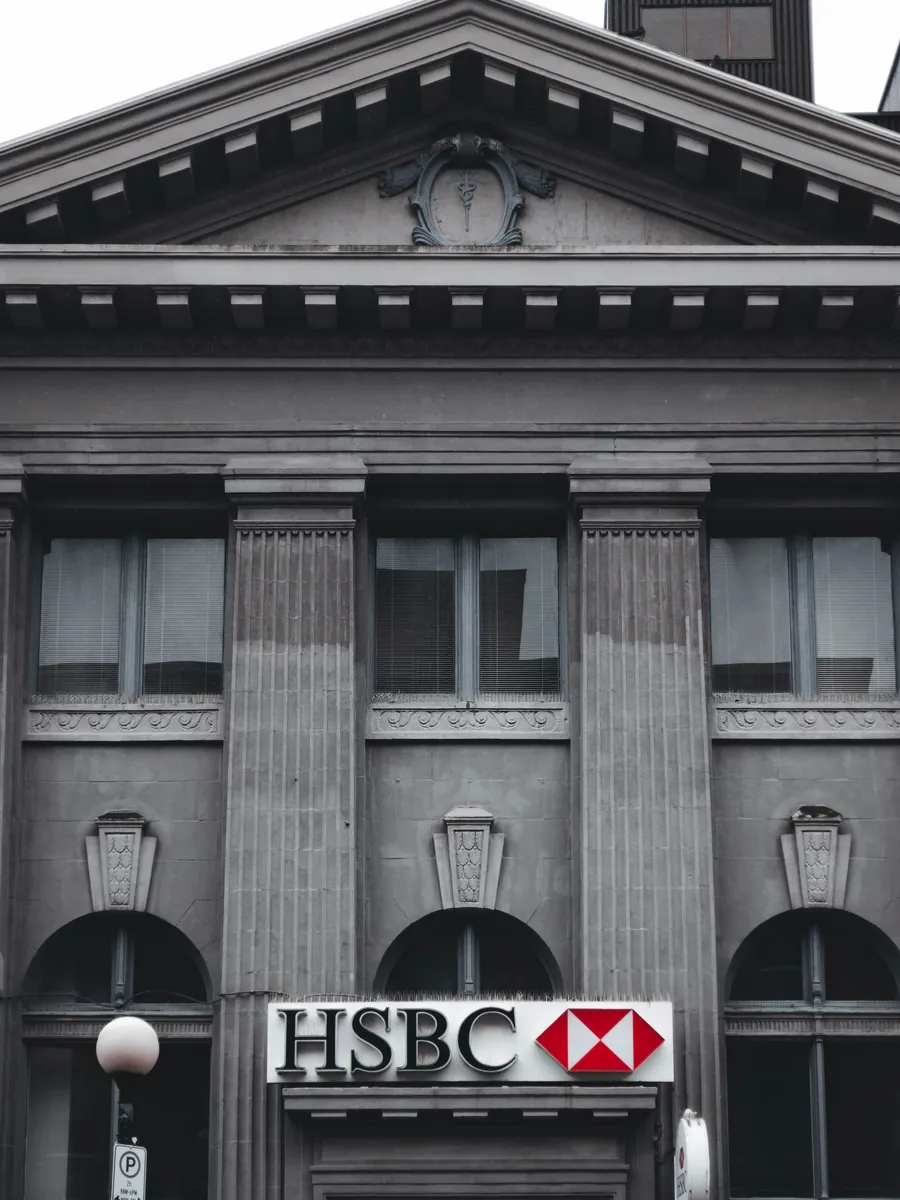 The facade of a historic bank building