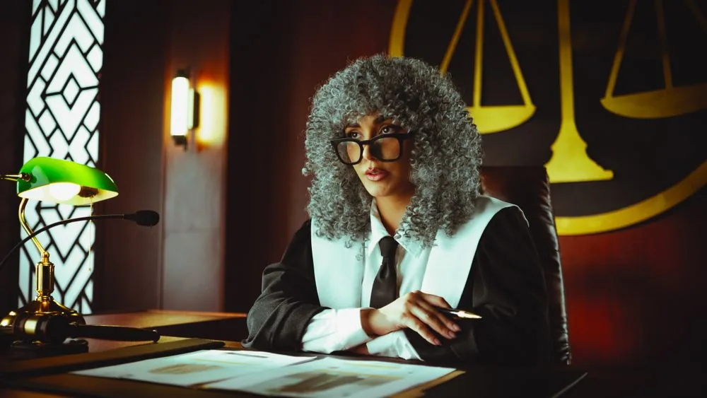 A judge presiding in a courtroom beside the scales of justice