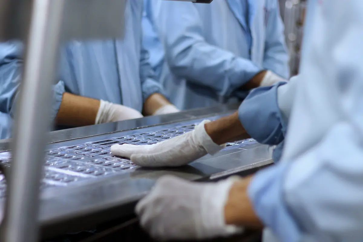 Pharmaceutical workers packaging tablets on a production line