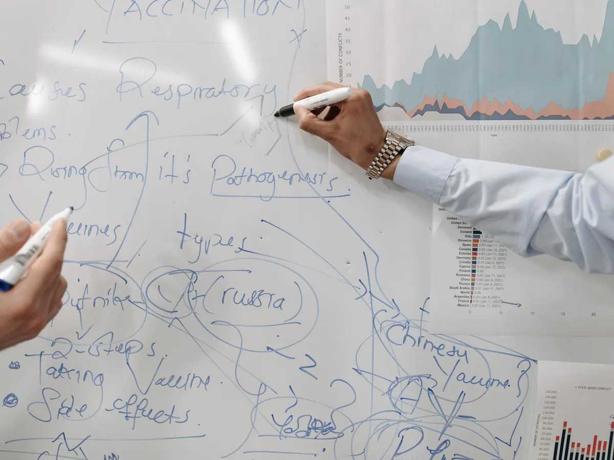 Someone sketching a system diagram on a whiteboard during a planning session