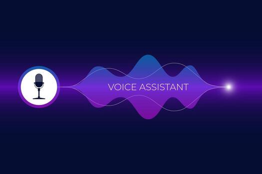 Voice assistant graphic with a microphone icon connected to a gradient sound wave on a dark background