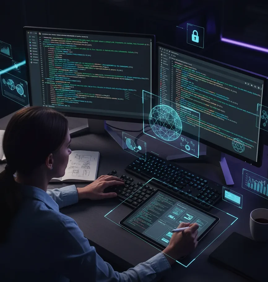 Developer coding across dual monitors and a tablet with holographic app and analytics panels floating above the desk